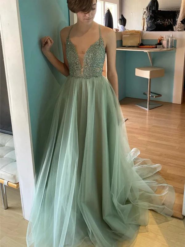 Exclusive Online Offer stylish party dressstylish party dressA Line V Neck Backless Sage Lace Long Prom Dresses, Sage Lace Formal Dresses, Sage Evening Dresses SP2948