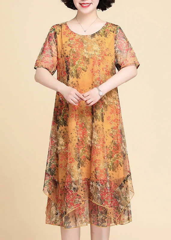 Quick Sale ruffle dressruffle dressCasual Yellow Print Chiffon Maxi Dress Summer