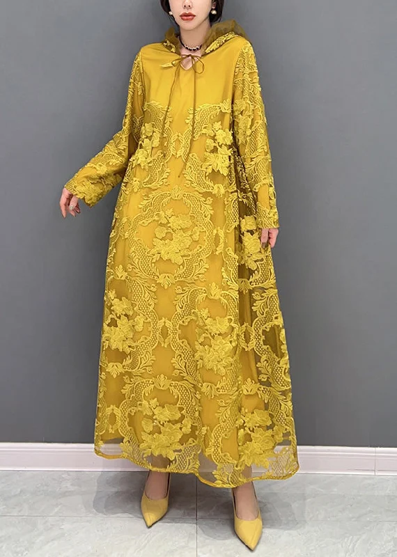 Super Sale pleated dresspleated dressChic Yellow Embroideried Neck Tie Tulle Maxi Dresses Long Sleeve