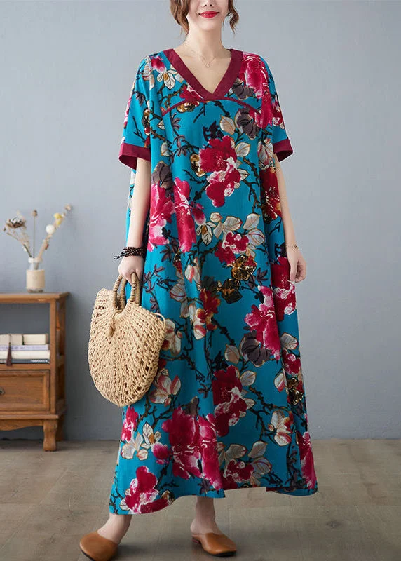 Don't Miss casual dresscasual dressElegant Blue V Neck Patchwork Print Cotton Dresses Short Sleeve