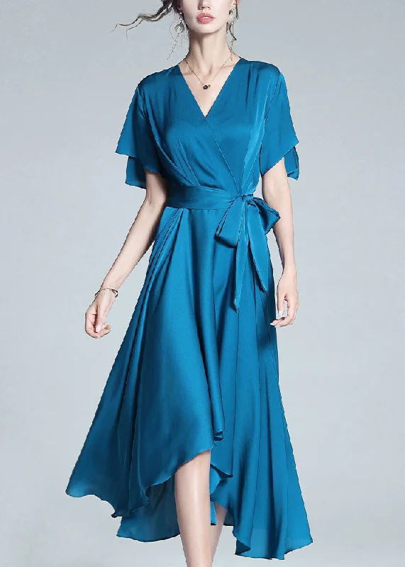 Quick Sale vintage dressvintage dressElegant Blue V Neck Tie Waist Solid Silk Long Dresses Summer