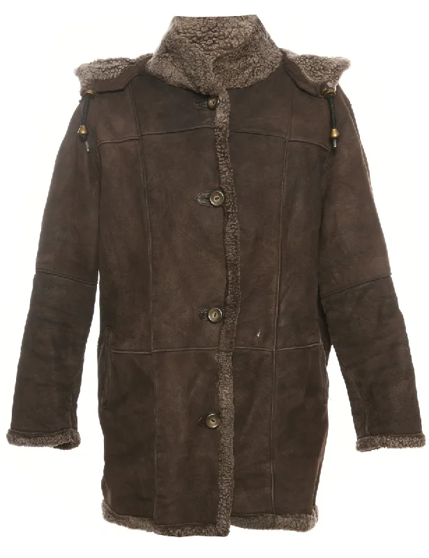 New Deals chic wool coatHooded Dark Brown Suede Sherling Coat - M