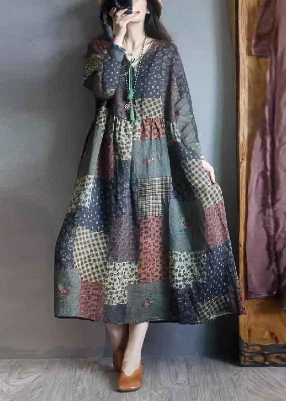 oversized dressVintage Colorblock Oversized Print Linen Long Dresses Fall