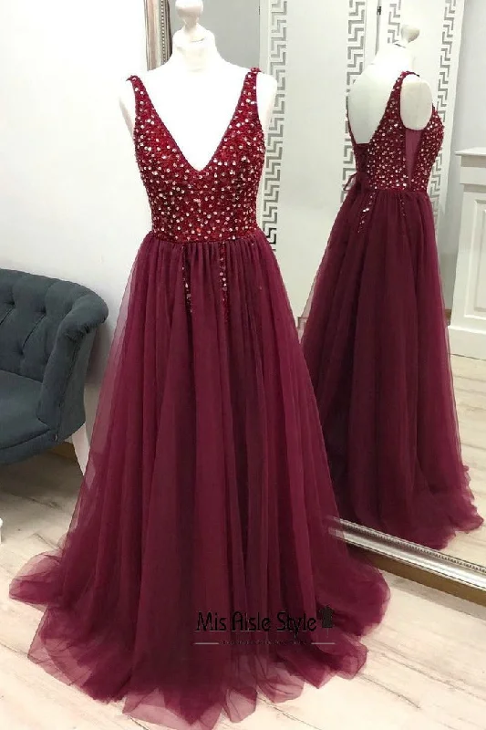 Take Advantage cocktail dresscocktail dressElegant V-neckline Burgundy Beaded Prom Dress