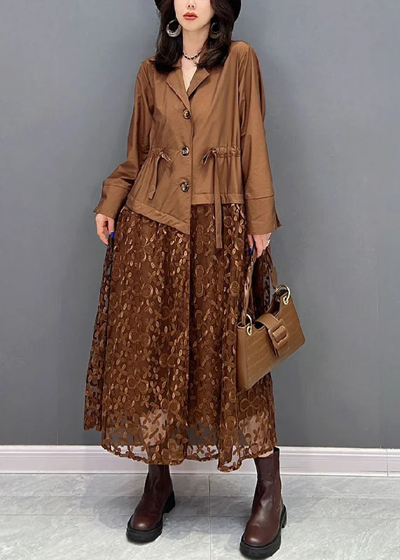 Can't Be Beat puff sleeve dresspuff sleeve dressFrench Chocolate Notched Collar Drawstring Patchwork Tulle Silk Cinch Dress Fall