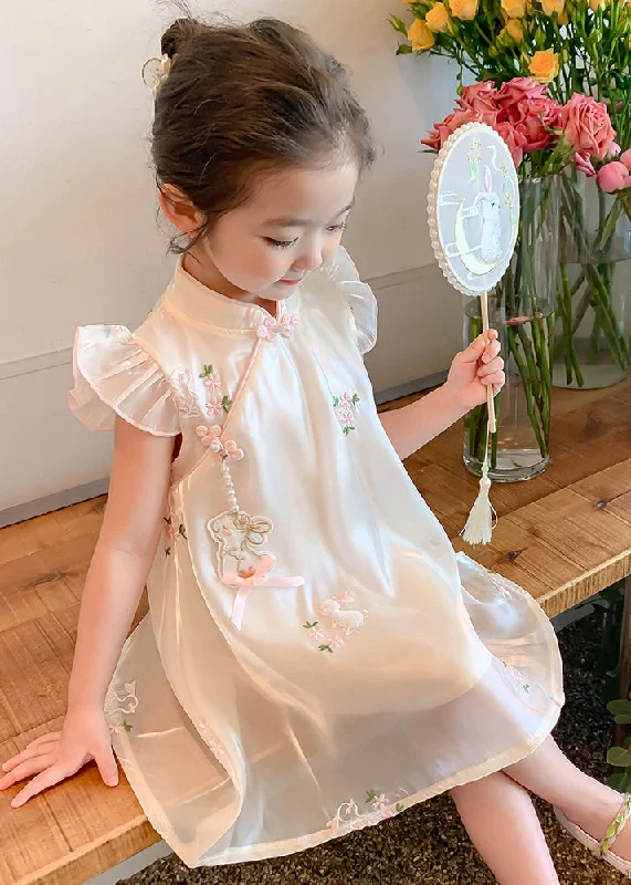 trendy mini dressElegant Beige Embroideried Button Tulle Girls Long Dresses Summer