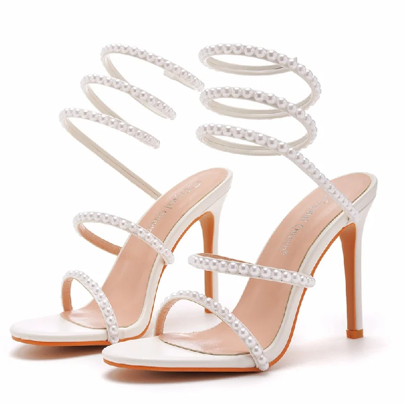 Bargain Prices modern dressmodern dressWhite Pearl Ankle Strap Pointy Stiletto heel Sandals  712542089589
