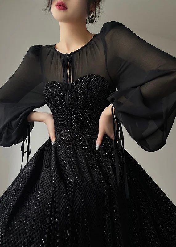 Friends and Family Sale velvet dressvelvet dressVintage Black O-Neck Tulle Drawstring Patchwork Velour Long Dresses Long Sleeve
