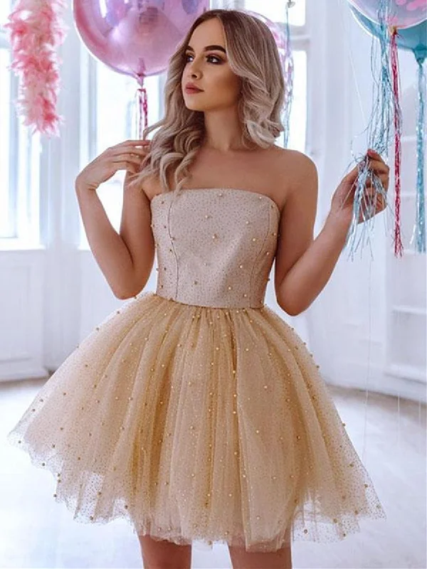 Hurry In satin dresssatin dressCute Beaded Champagne Tulle Short Prom Dresses, Champagne Formal Graduation Homecoming Dresses with Beadings
