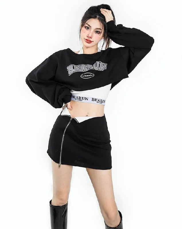 Unbeatable Prices BEAURUN CLASSIC Graphic Print Solid Color Black Cropped Sweatshirt Zip Up Mini Skirt Matching Set