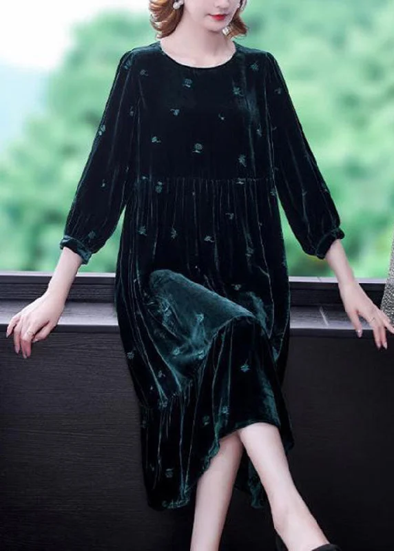 Best Bargains draped dressdraped dressModern Blackish Green Embroideried Patchwork Wrinkled Silk Velour Long Dress Spring