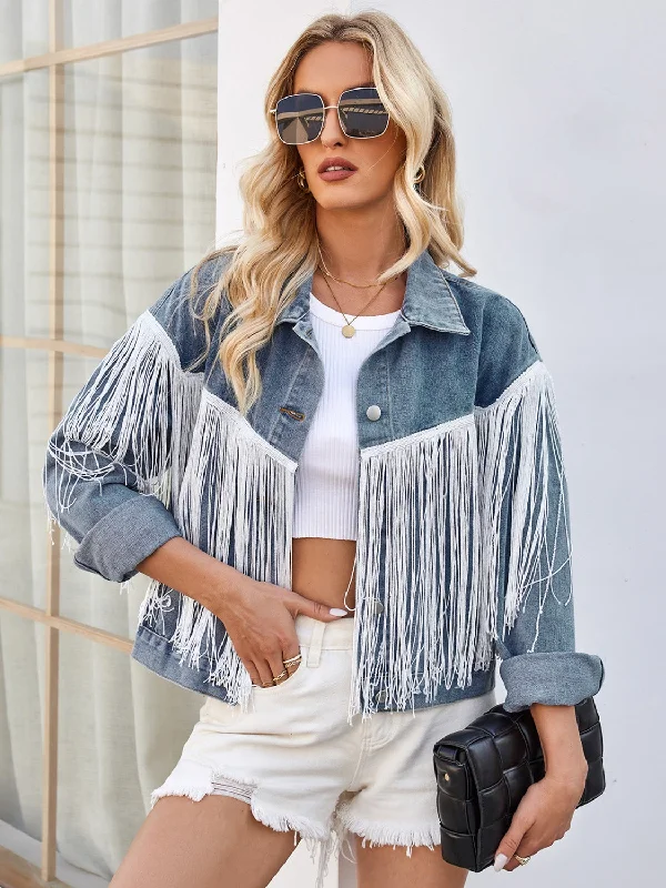 Value Deals Tassel Button Up Dropped Shoulder Denim Jacket