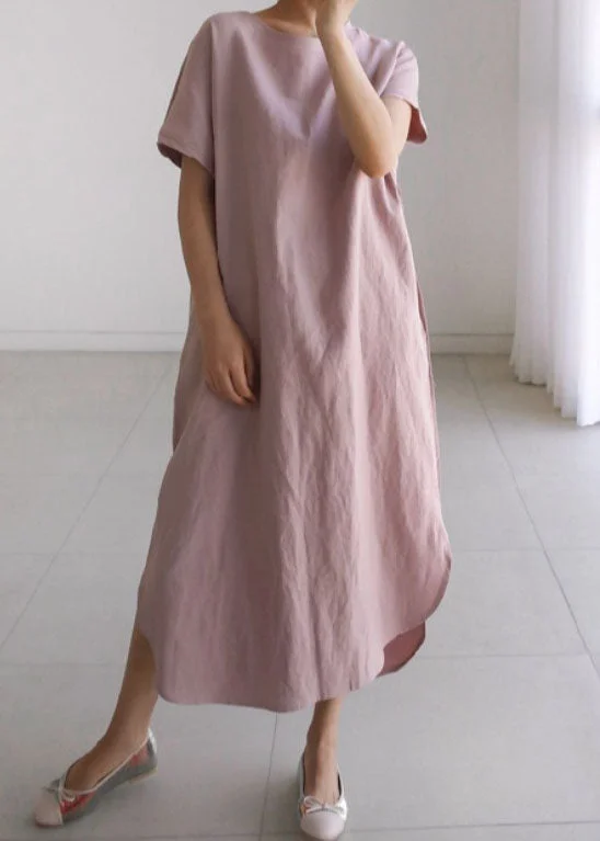Value Deals casual midi dresscasual midi dressBrief Pink O Neck Patchwork Loose Cotton Long Dress Summer