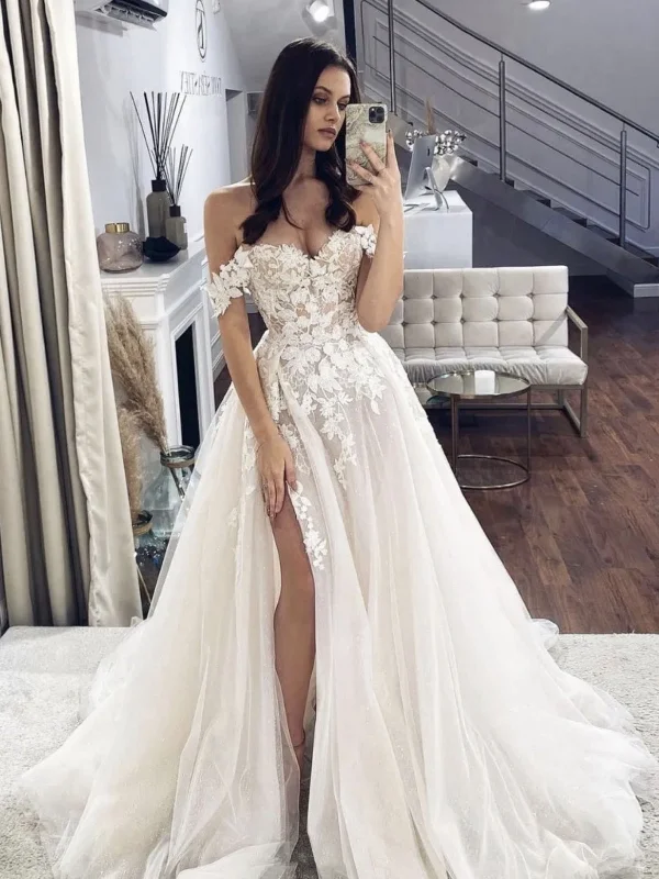 Lowest Price lace-up dresslace-up dressOff Shoulder White Lace Long Prom Wedding Dresses, White Lace Formal Graduation Evening Dresses SP2516