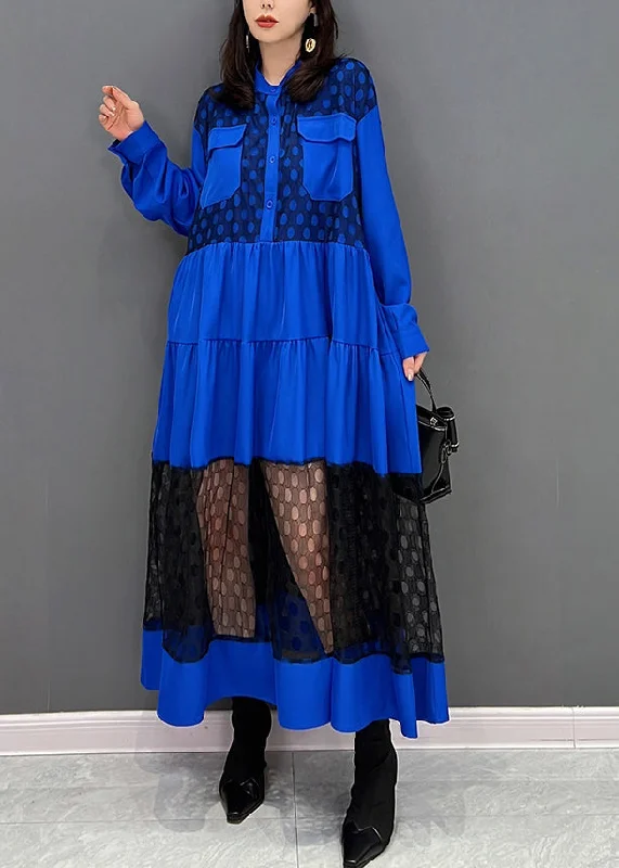Buy Now winter dresswinter dressVogue Blue O-Neck Dot Patchwork Wrinkled Tulle Maxi Dresses Fall