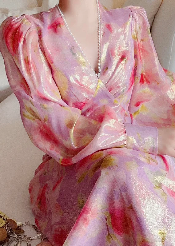 Price Slash elegant evening dresselegant evening dressHandmade V Neck Print Nail bead Silk Maxi Dresses Lantern Sleeve