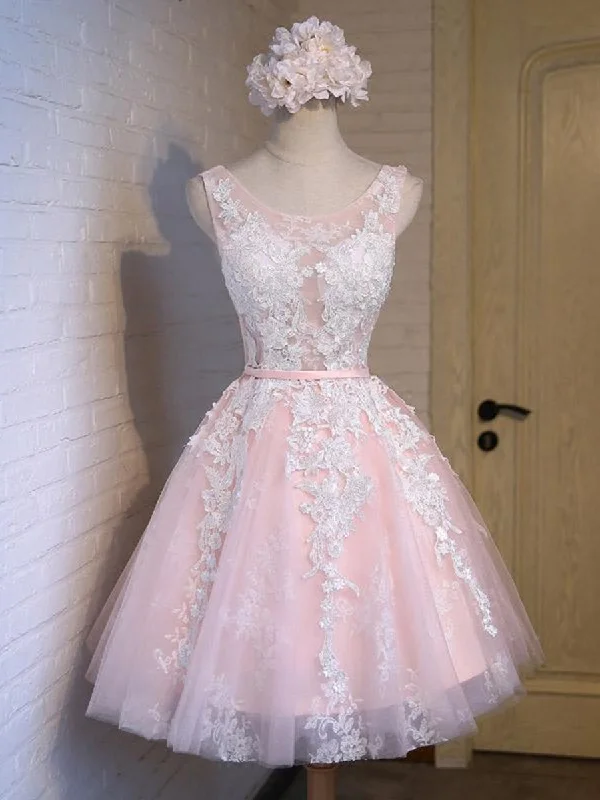 Exclusive Savings midi dressmidi dressRound Neck Short Pink Lace Prom Dresses, Pink Lace Formal Graduation Evening Dresses, Pink Homecoming Dresses