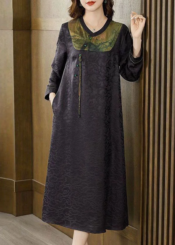 Deal Mania elegant maxi dresselegant maxi dressElegant Black Patchwork Jacquard Silk Long Dress Fall