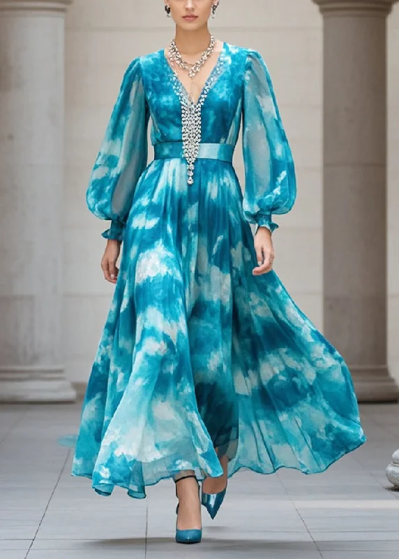 evening dressPlus Size Peacock Blue Cinched Tie Dye Chiffon Ankle Dress Fall