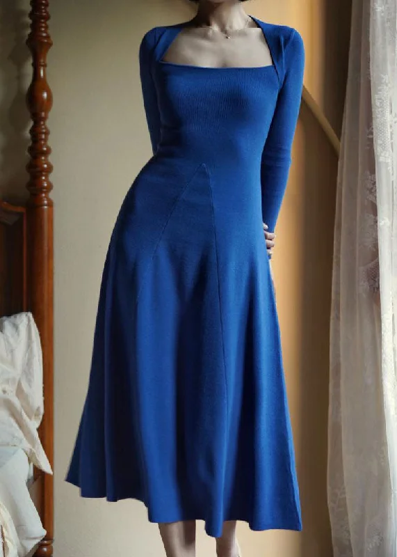 Epic Deals comfy dresscomfy dressBlue Knit A Line Dress Square Collar Exra Large Hem Spring