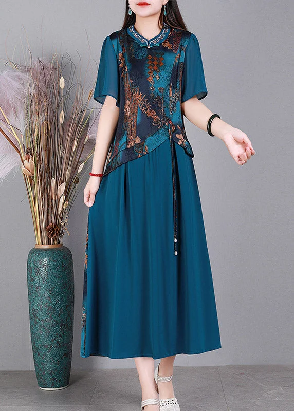 v-neck dressVintage Blue O-Neck Print Silk Long Dresses Short Sleeve