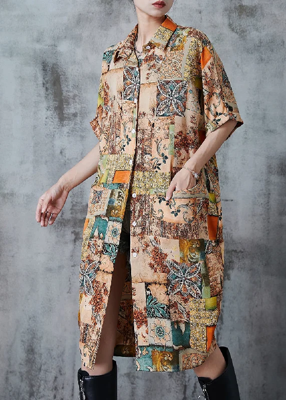 wrap-around dressCasual Khaki Oversized Print Chiffon Shirt Dress Summer