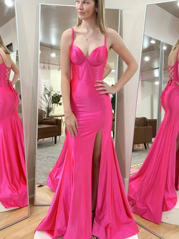Quick Sale high-waisted dresshigh-waisted dressMermaid Hot Pink Satin Long Prom Dresses with High Slit, Long Hot Pink Formal Graduation Evening Dresses SP2854