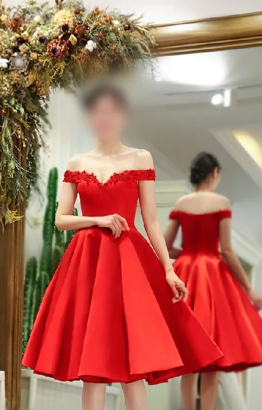 New Deals midi dressmidi dressKnee Length Ball Gown Off Shoulder Sleeve Red Party Dress