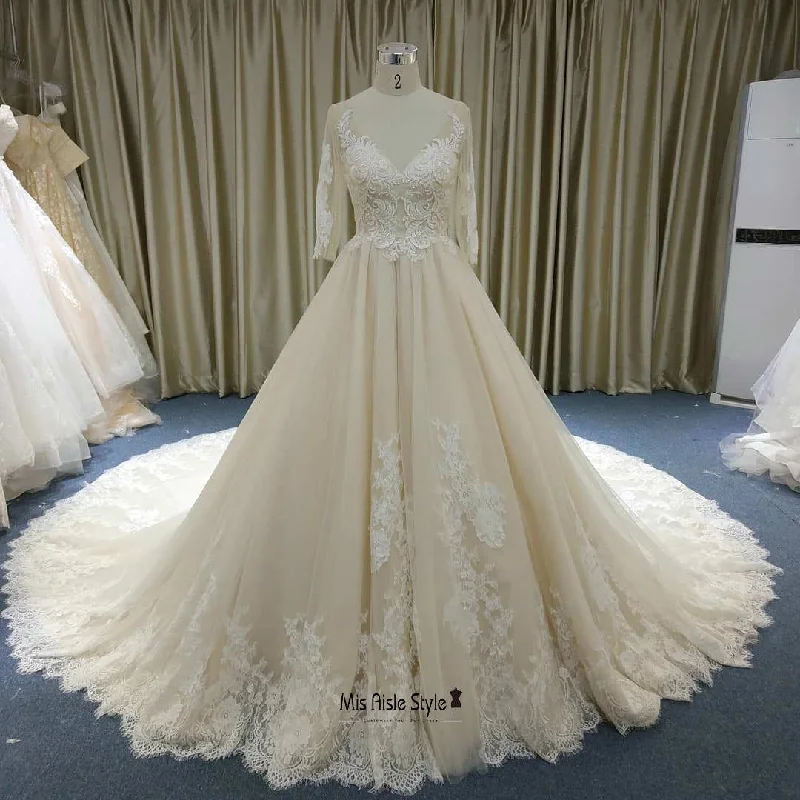Huge Discounts trendy wrap dresstrendy wrap dressModest Lace Half Sleeve Champagne Wedding Dress