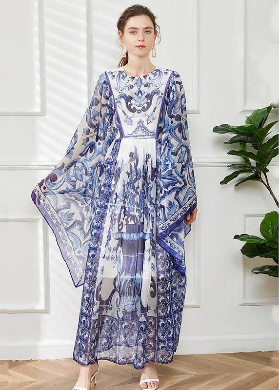 wrap dressBohemian Blue O-Neck Print Chiffon Maxi Dress Cloak Sleeves