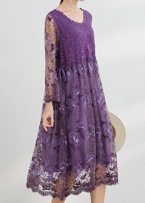 high-waisted dressPurple Hollow Out Lace Patchwork Maxi Dresses O Neck Spring