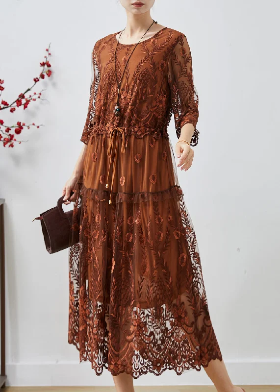 wrap-around dressFine Chocolate Embroidered Cinched Tulle Holiday Dress Summer