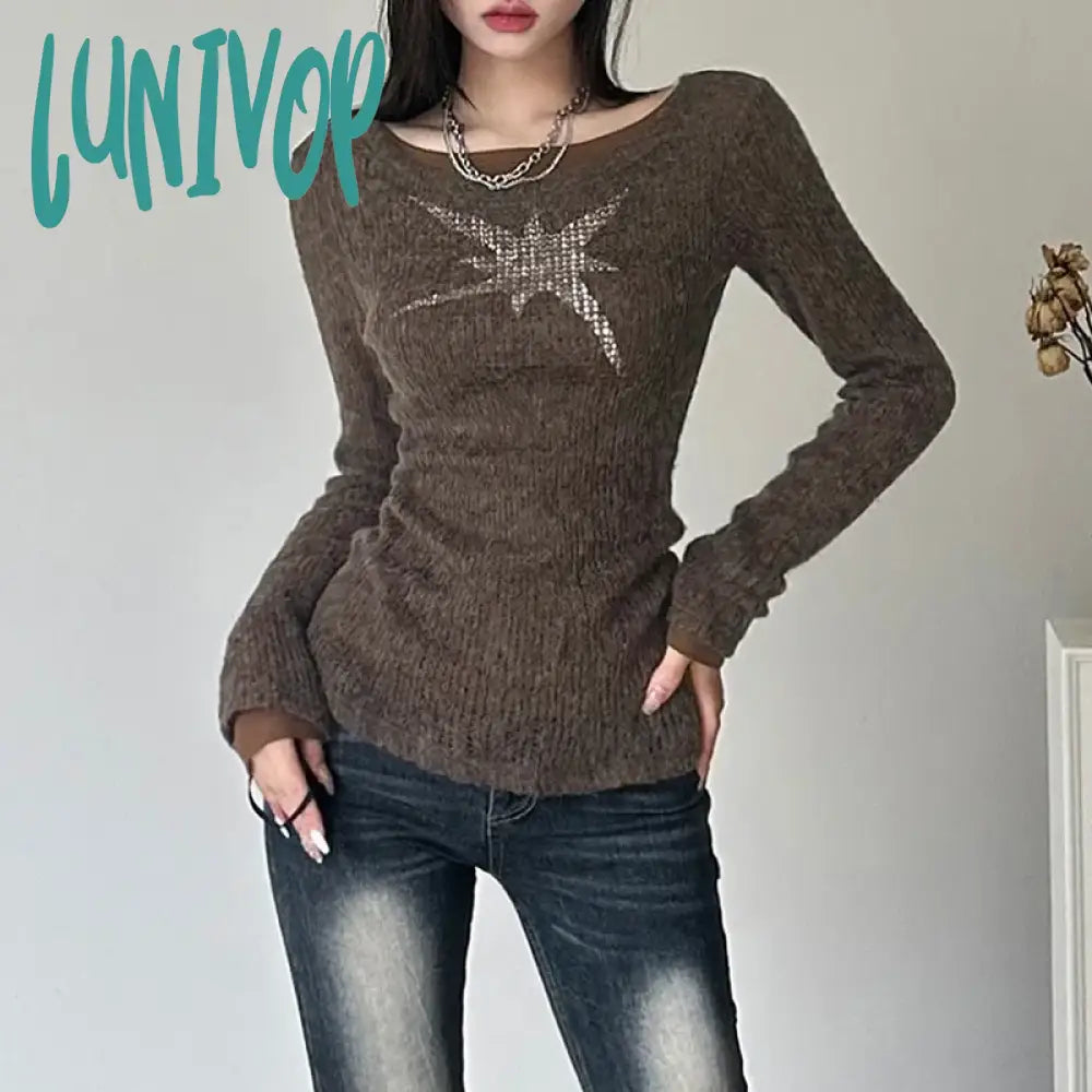 Year-End Sale Lunivop Winter New Brown Vintage All-match Casual Tight Warm High Street Sweet Gentle Women's Basic Pullover Sweater