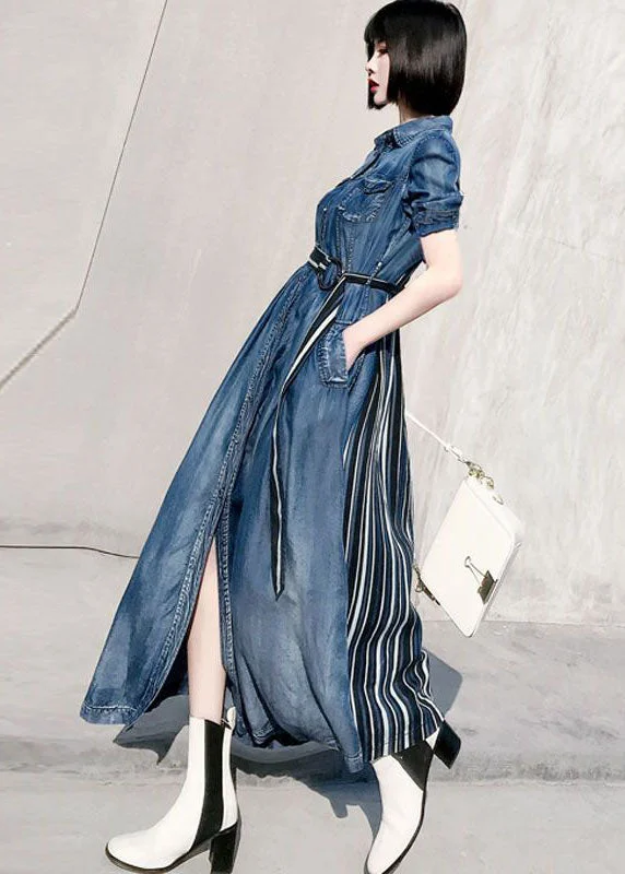 one-shoulder dressStyle Blue Peter Pan Collar Patchwork Striped Denim Cinched Dress Spring