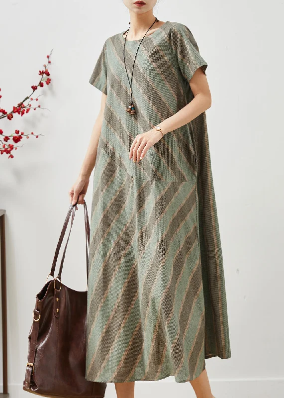 casual knit dressCasual Green Striped Patchwork Cotton Long Dress Summer