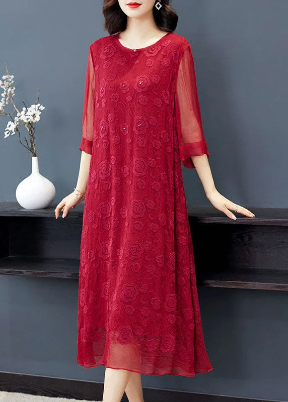 bohemian dressPlus Size Red O-Neck Embroideried Silk Dresses Long Sleeve