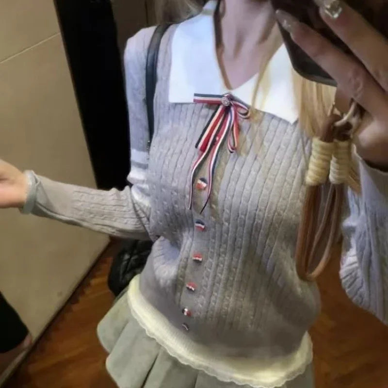 Steals and Deals Lunivop Preppy Style Grey Sweaters Women Sweet Kawaii Bow Knitted Pullover Elegant Cutecore Autumn Winter Long Sleeve Sweaters