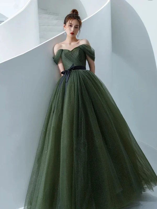 Clearance Items casual day dresscasual day dressOff the Shoulder Dark Green Tulle Long Prom Dresses, Dark Green Formal Graduation Evening Dresses SP2794