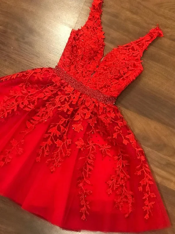 Best Bargains wool dresswool dressCute V Neck Short Red Lace Prom Dresses with Belt, Red Lace Formal Graduation Homecoming Dresses