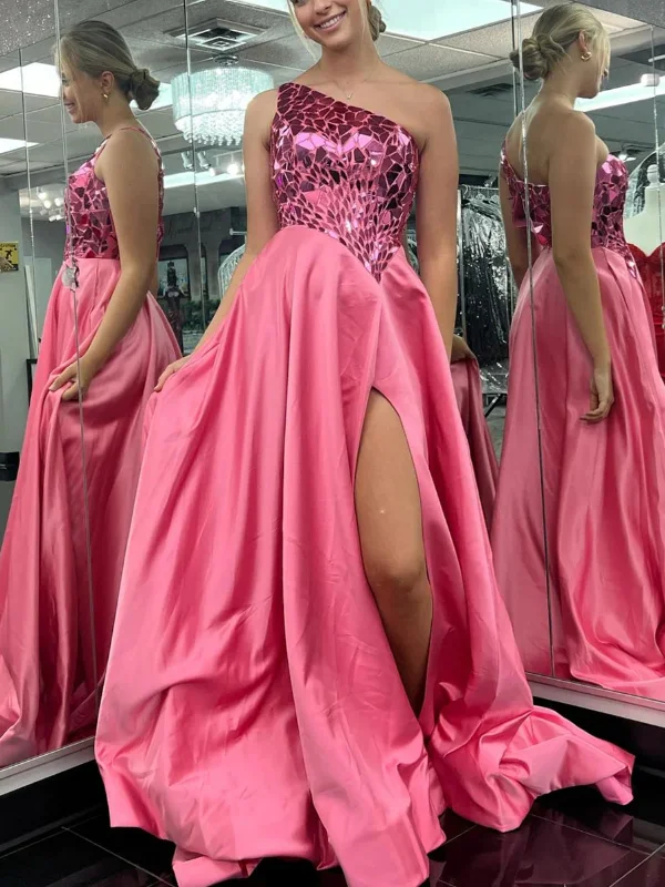 Reduced Prices spaghetti strap dressspaghetti strap dressOne Shoulder Mirror Sequins Pink Long Prom Dresses with High Slit, One Shoulder Pink Formal Graduation Evening Dresses SP2773