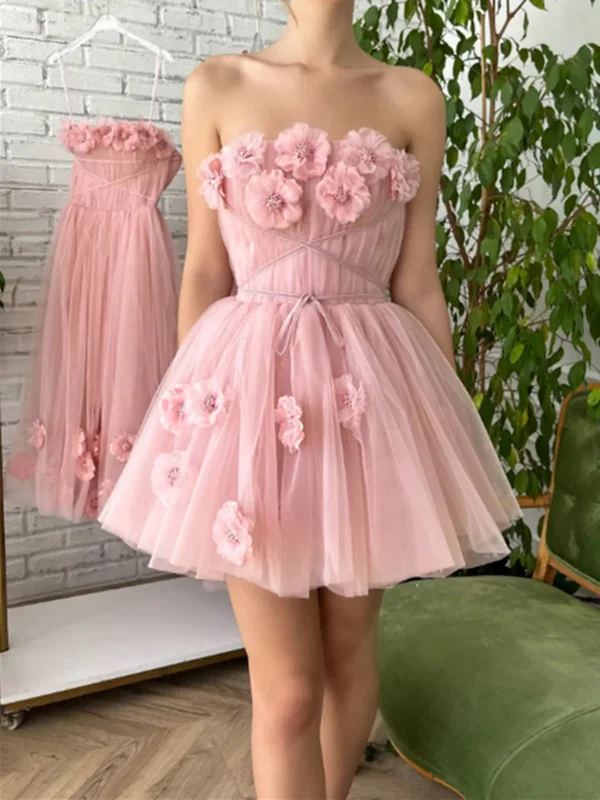 Price Slash casual summer dresscasual summer dressStrapless Short Pink Tulle Prom Dresses with 3D Flowers, Pink Floral Homecoming Dresses, Short Pink Formal Evening Dresses SP2497