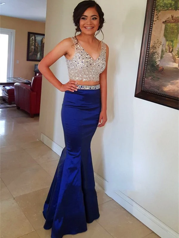 YEAR-End Sale winter dresswinter dressTwo Pieces Beaded Mermaid Royal Blue Prom Dresses, Royal Blue Formal Dresses With Beadings