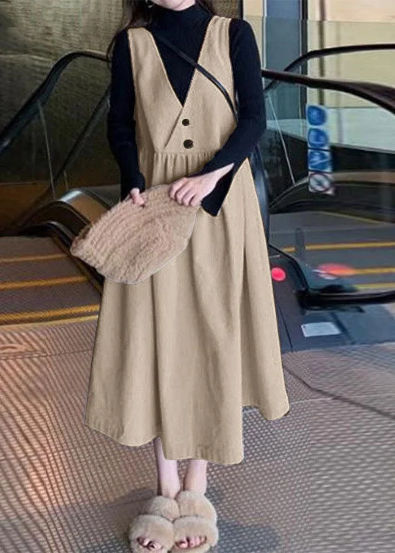 Today’s Deal party dressparty dressVintage Apricot V Neck Wrinkled Patchwork Corduroy Dress Sleeveless