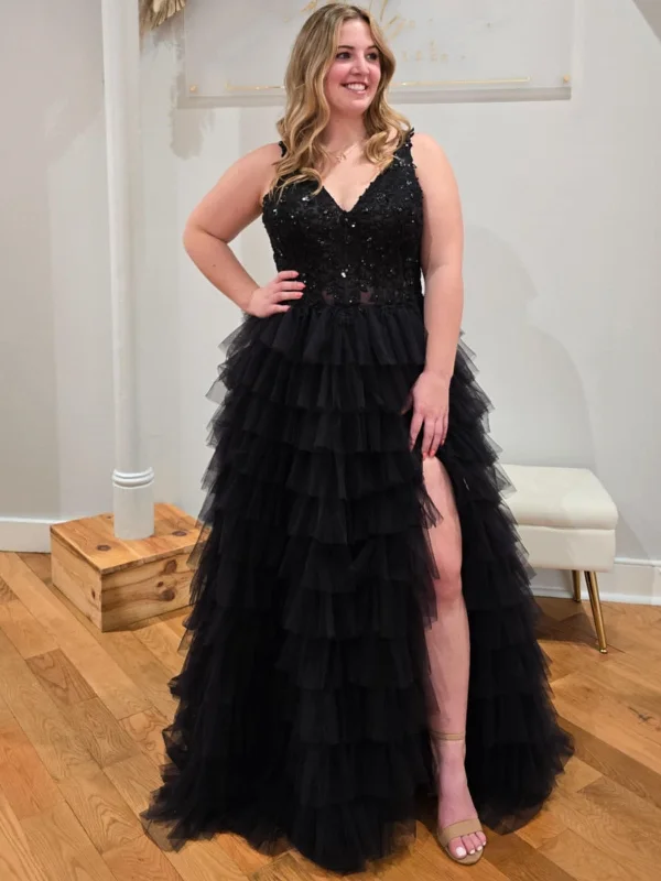 TIME-Limited Offer wool dresswool dressA Line V Neck Black Lace Long Prom Dresses with Ruffle Tulle, Black Lace Formal Graduation Evening Dresses SP3064