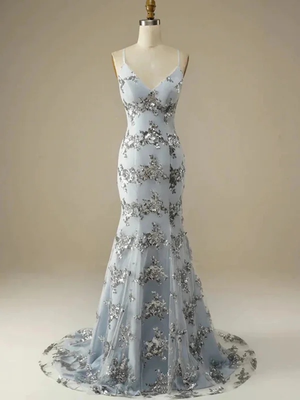 Deal Explosion wrap-around dresswrap-around dressBackless V Neck Mermaid Silver Gray Lace Prom Dresses Long, Mermaid Gray Formal Dresses, Silver Gray Evening Dresses SP2651