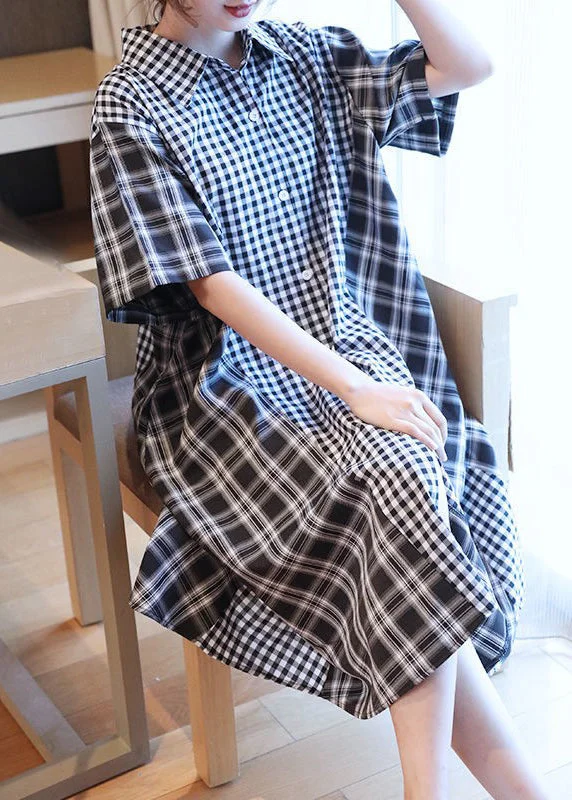 spaghetti strap dressCasual Black White Plaid Peter Pan Collar Button Shirts Dresses Half Sleeve