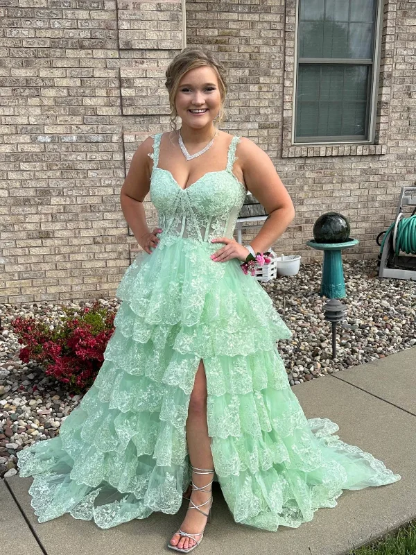 Don’t Miss Out high-waisted dresshigh-waisted dressA Line Sweetheart Neck Layered Mint Green Lace Long Prom Dresses with High Slit, Mint Green Lace Formal Graduation Evening Dresses SP3074