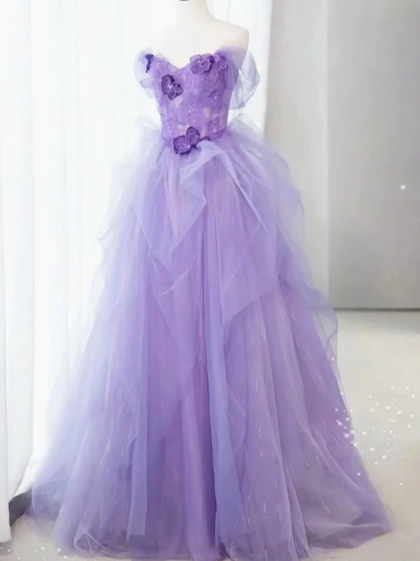 Discount Deals spaghetti strap dressspaghetti strap dressOff Shoulder Lilac Tulle Long Prom Dresses with Flowers, Lilac Lace Floral Long Formal Evening Dresses SP2894