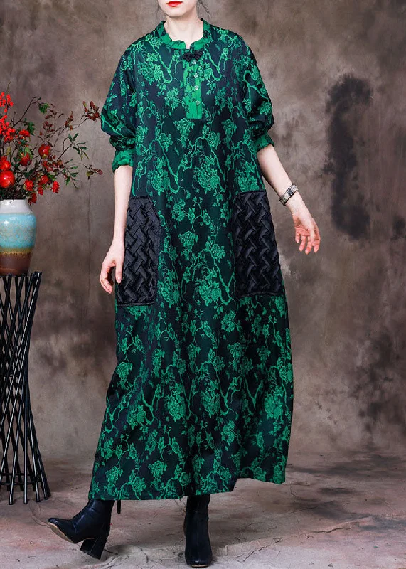 midi dressBoho Green Stand Collar Jacquard Patchwork Silk Long Dress Long Sleeve