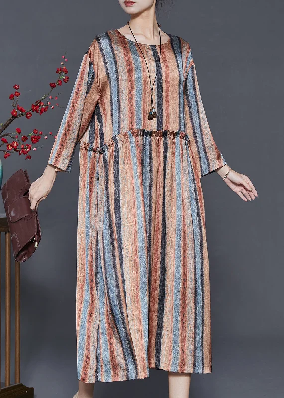 boho-chic dressKhaki Striped Cotton Dresses Ruffled Spring